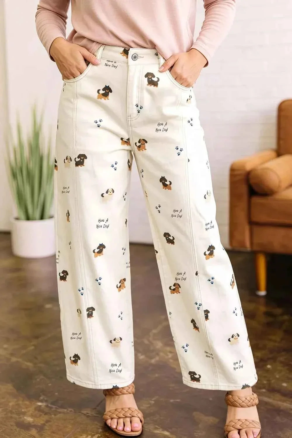Dog Print High Waist Wide Leg Barrel Jeans