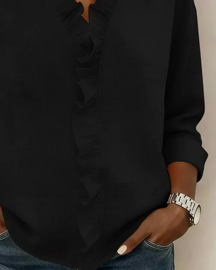 Ruffle Placket V-Neck Long Sleeve Blouse