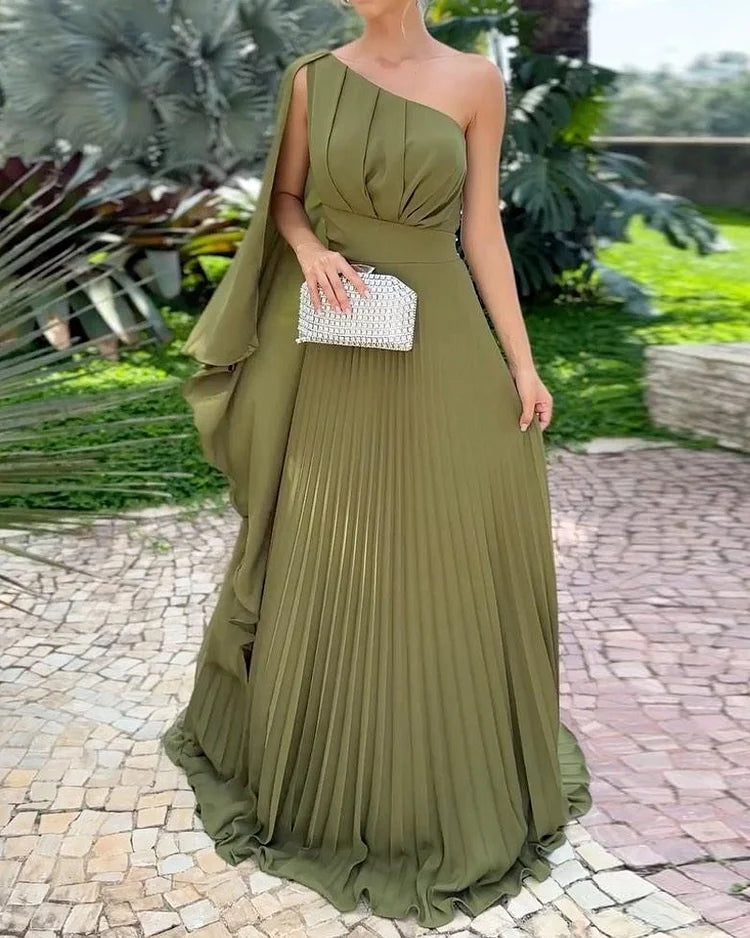 Araluen | One-shoulder Pleated Dress Green