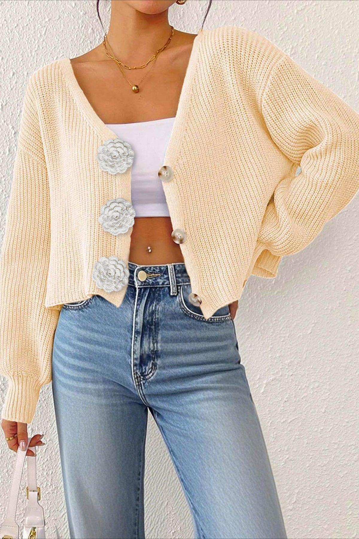 V-Neck Crochet Flower Button Front Ribbed Knit Cropped Cardigan 36