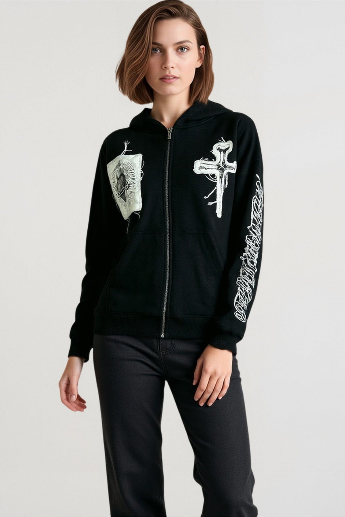 Cross Graphic Print Zip Front Kangaroo Pocket Hooded Sweatshirt 2