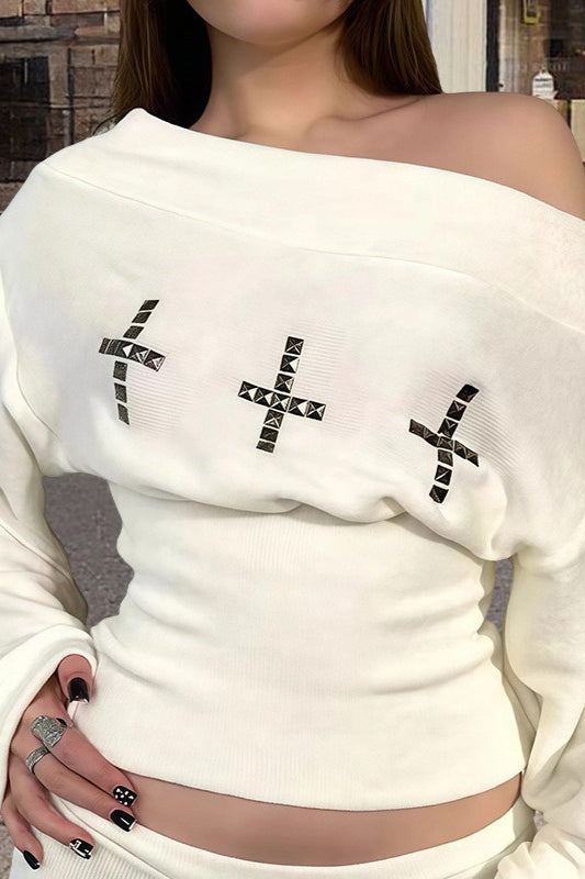 Off Shoulder Studded Cross Knit Sweater and Shorts Two Piece Set 3