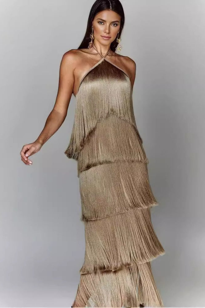 Tiered Fringe Halter Neck Backless Maxi Cocktail Dress