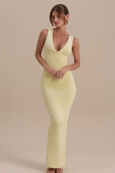 Sleeveless V Neck Ruched Back Slit Bodycon Party Dress