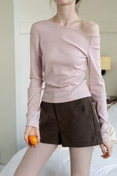 One Shoulder Asymmetric Ribbed Long Sleeve Top