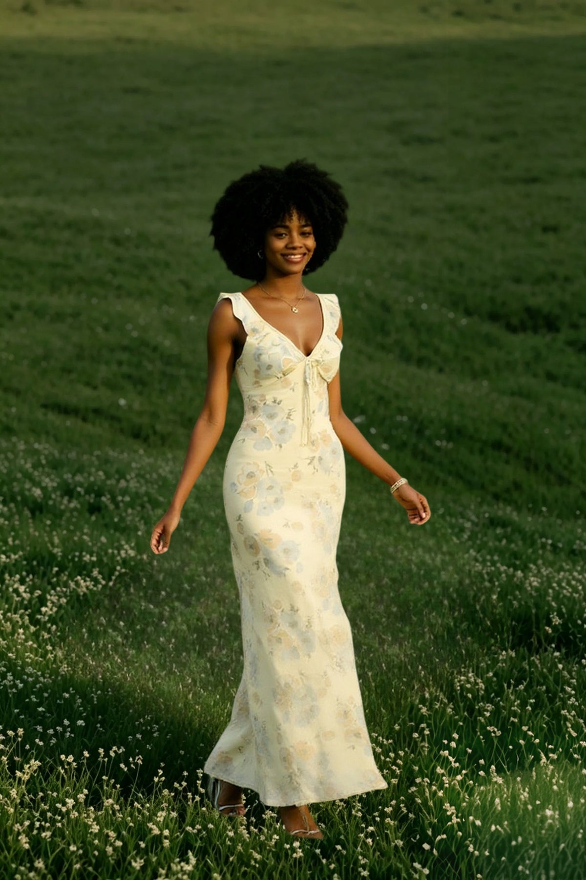 Floral V-Neck Ruffle Cap Sleeve Tie Front Maxi Dress