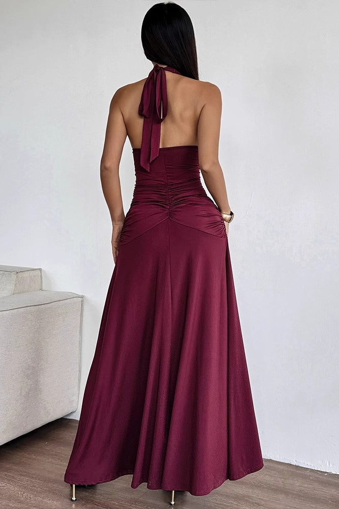 Backless Halter-Neck Ruched Dress
