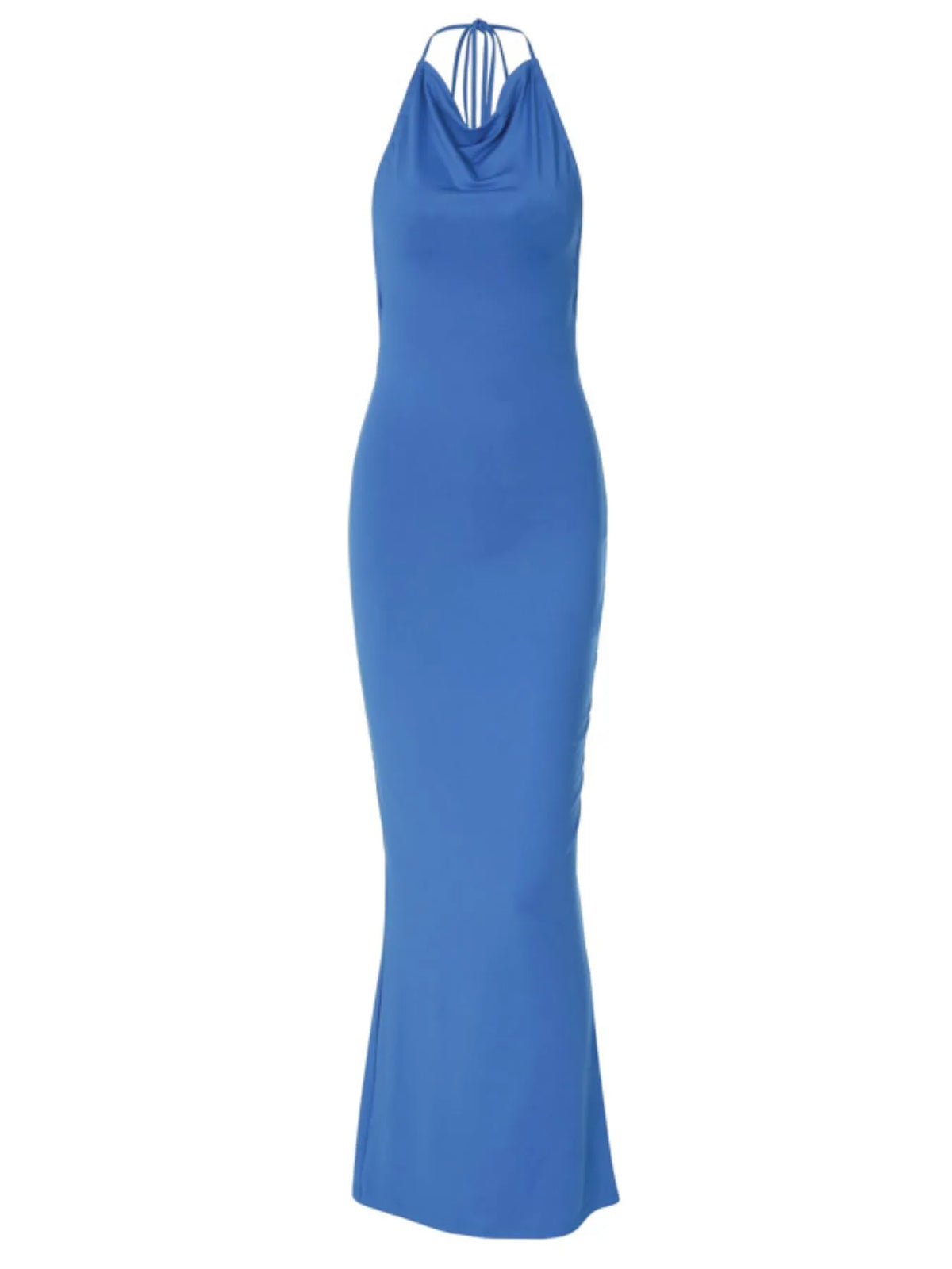 Asymmetric Neck Ruched Bust Tie Strap Open Back Bodycon Maxi Dress 26