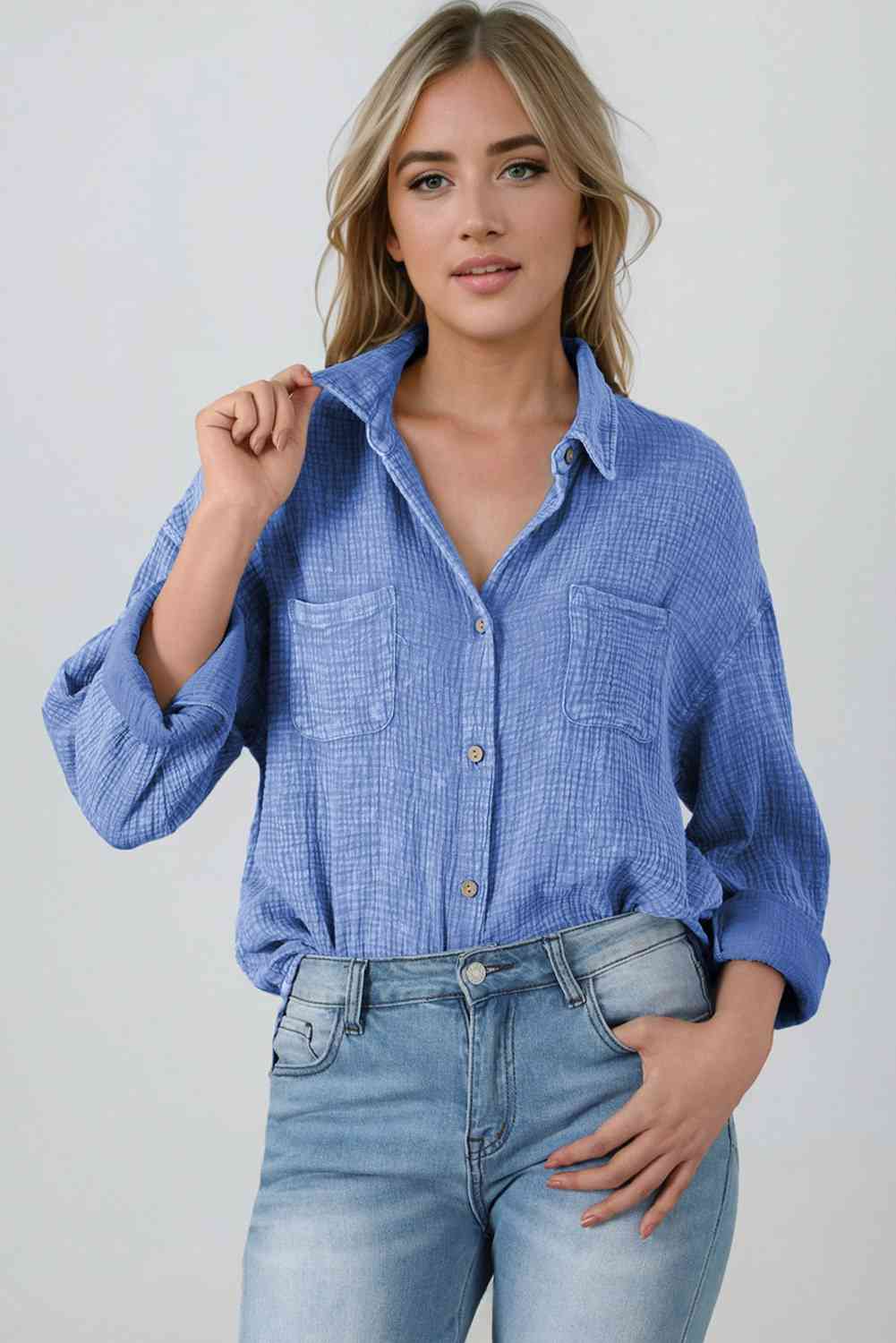 Textured Button Down Shirt Dusty Blue button down shirt clothes Ship From Overseas shirt SYNZ top