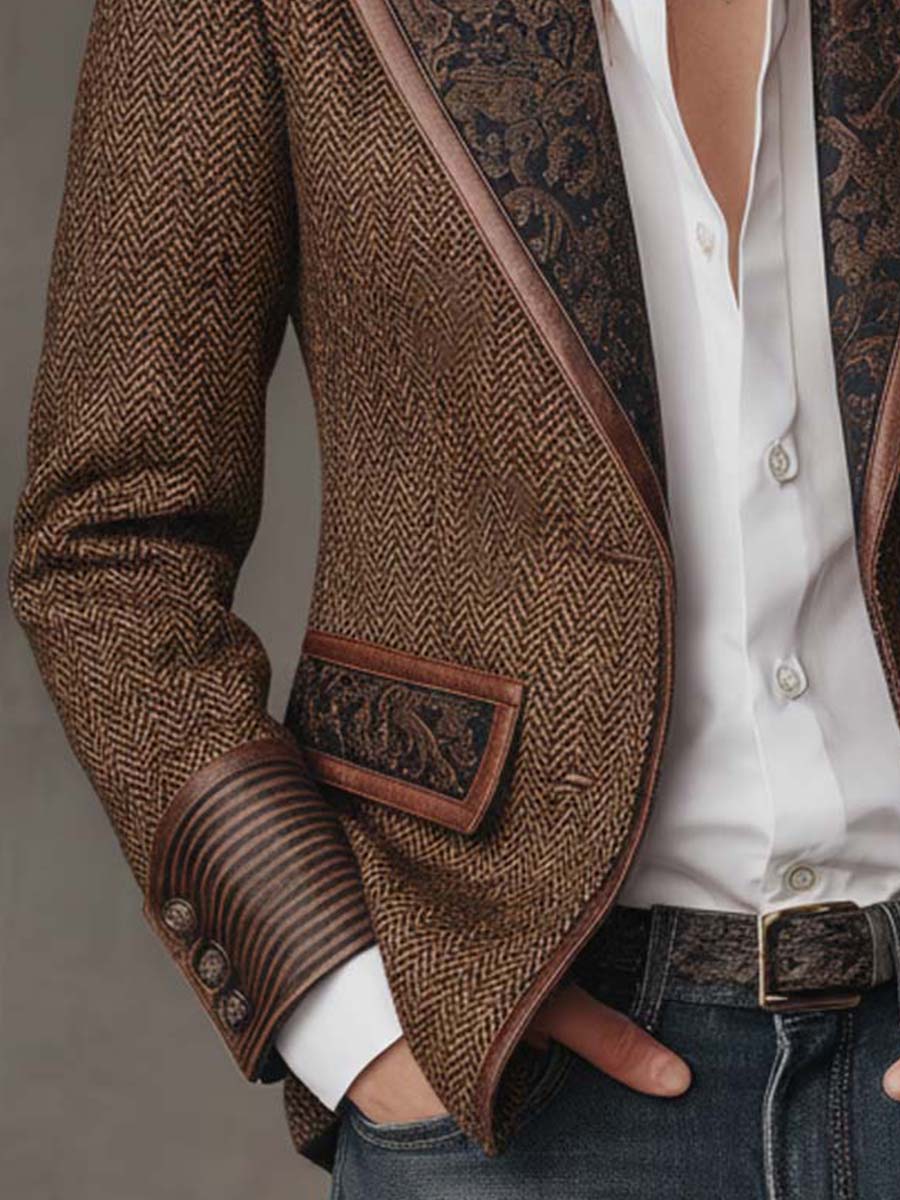 Herringbone Paisley Panel Faux Leather Trim Blazer