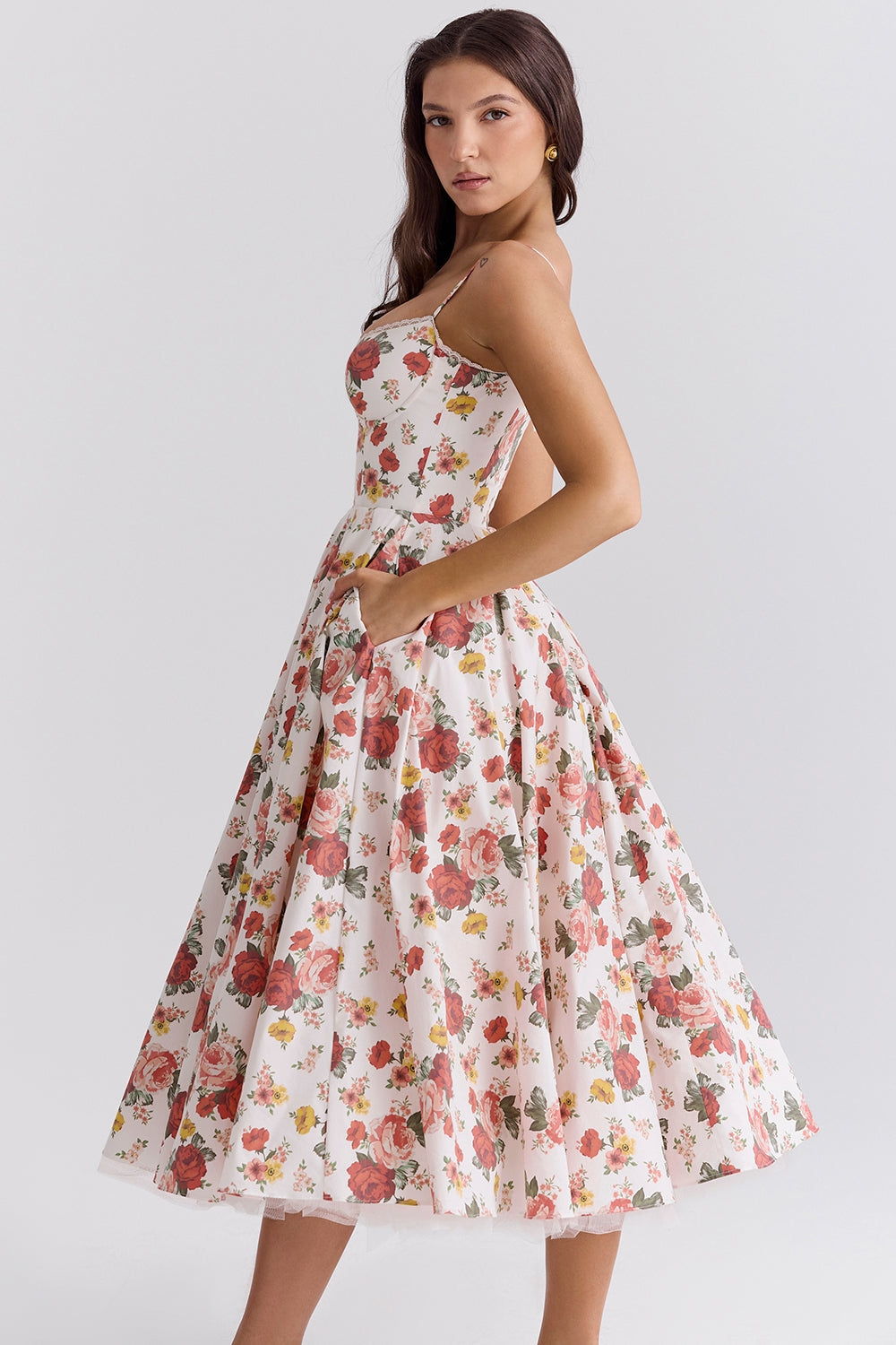 Rose Print Sweetheart Corset Bodice Tulle Underlay Midi Dress 7