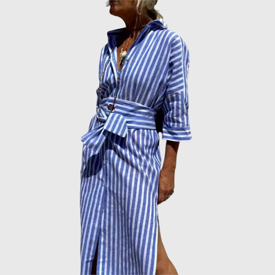Striped Button Front Long Sleeve Side Split Shirt Dress