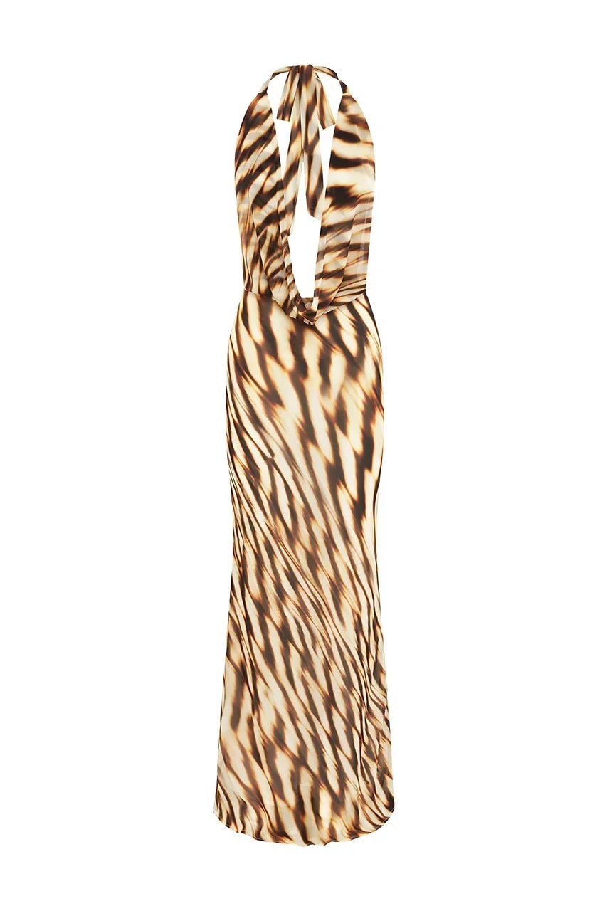 Animal Print Deep Plunge Cowl Halter Neck Backless Maxi Dress 5