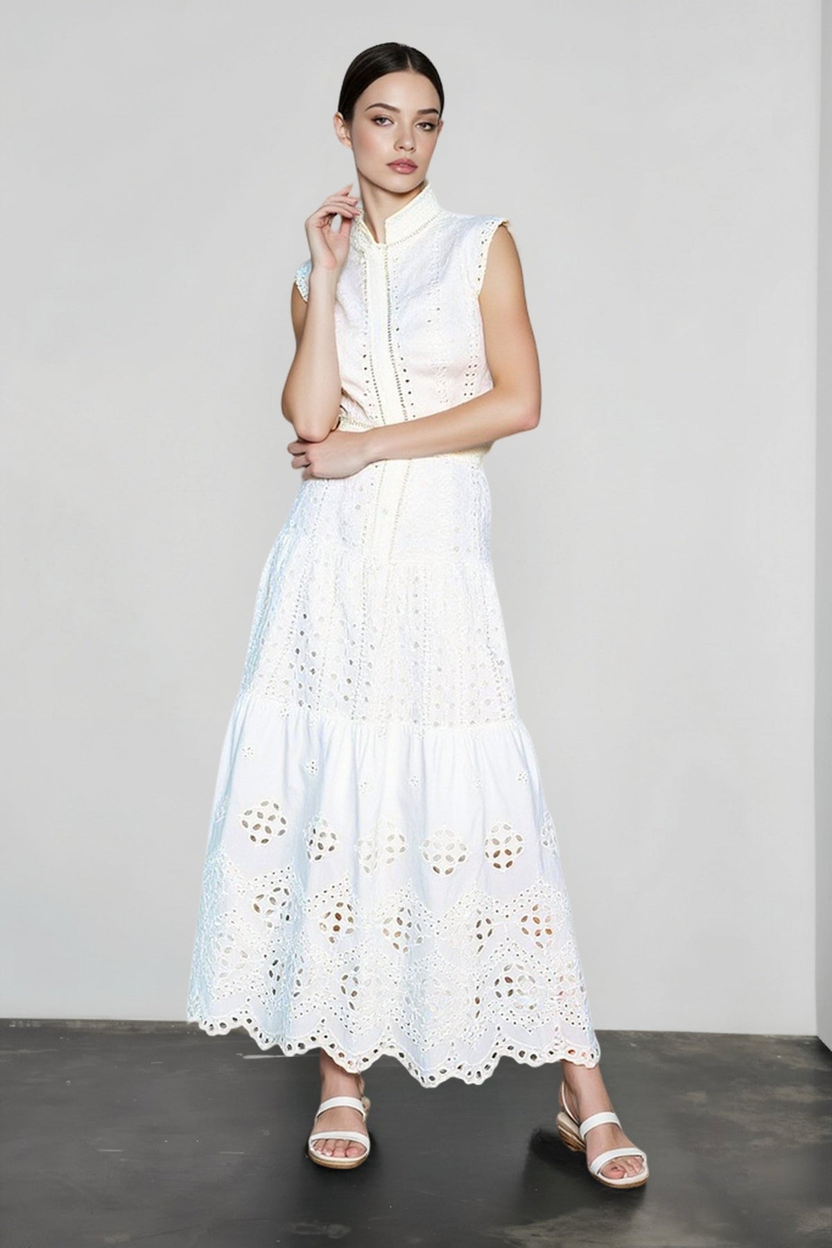 Eyelet Embroidered Spaghetti Strap Tie Waist Tiered Maxi Dress 3