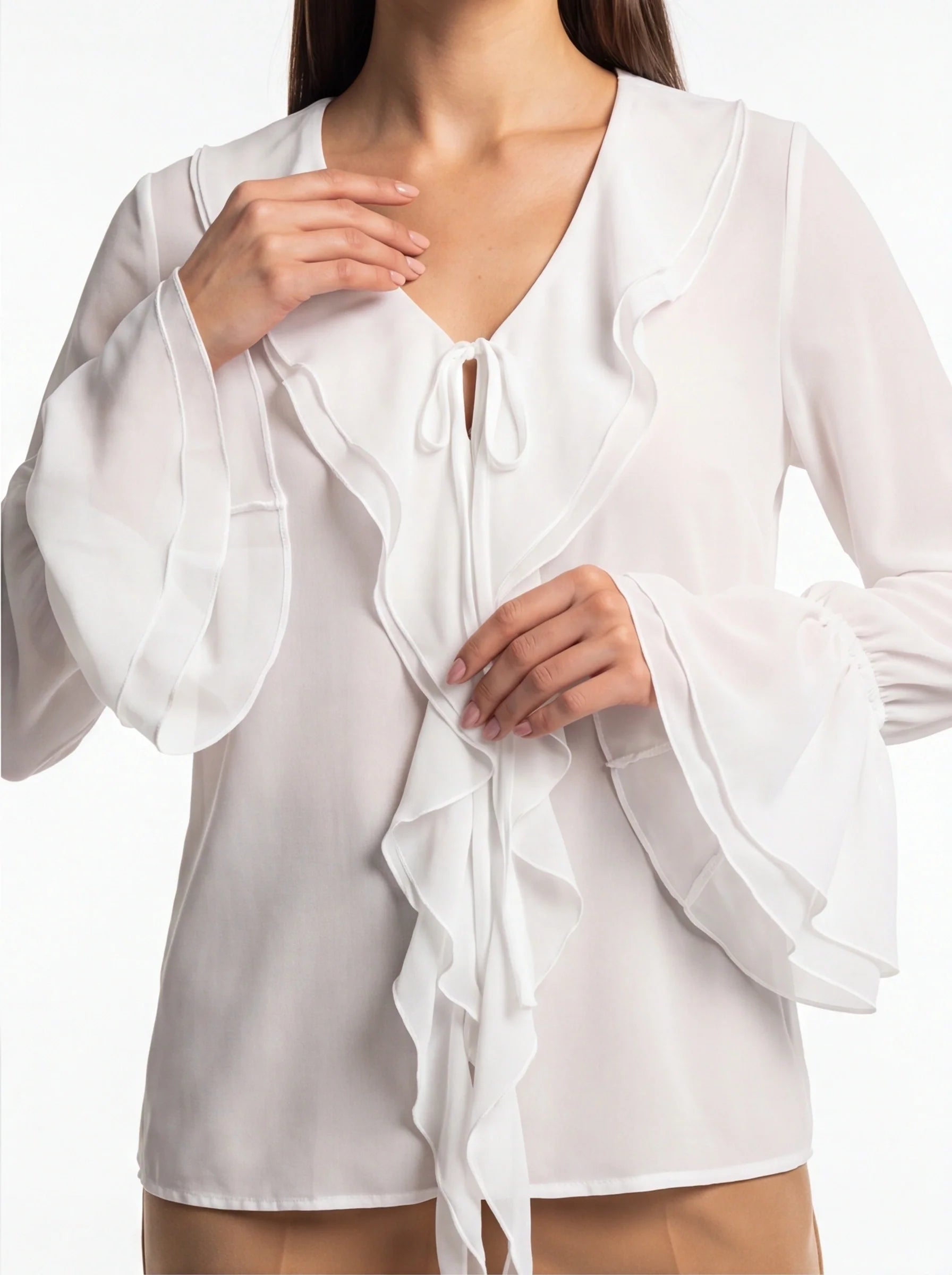 Elegant Ruffled Chiffon Blouse with Short Sleeves & Lightweight Fabric