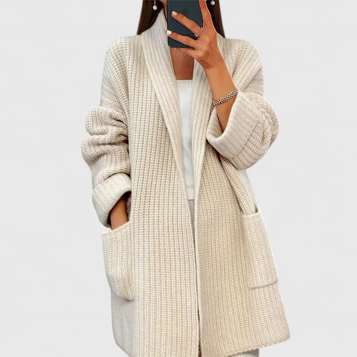 Shawl Collar Open Front Pocket Longline Chunky Knit Cardigan