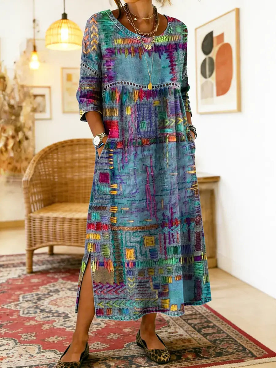 Patchwork Print Round Neck Pocket A-Line Maxi Dress