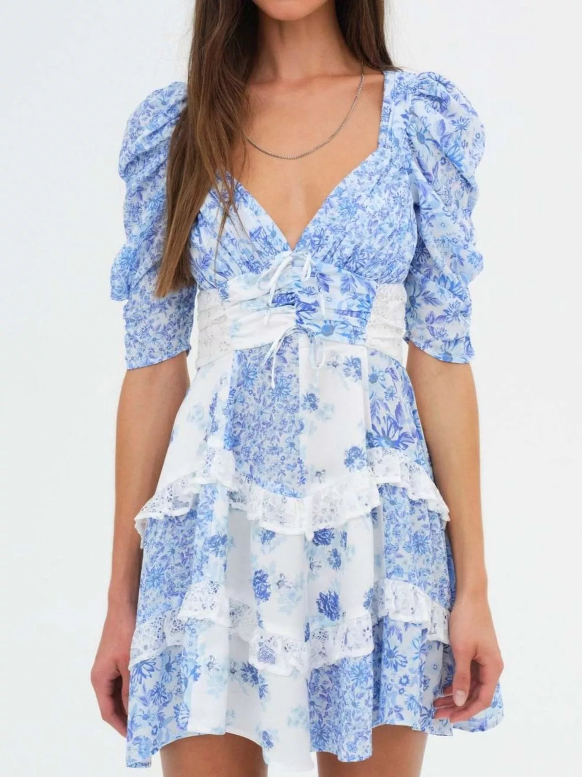 Floral Print Lace Trim Corset Waist Puff Sleeve Tiered Mini Dress 11
