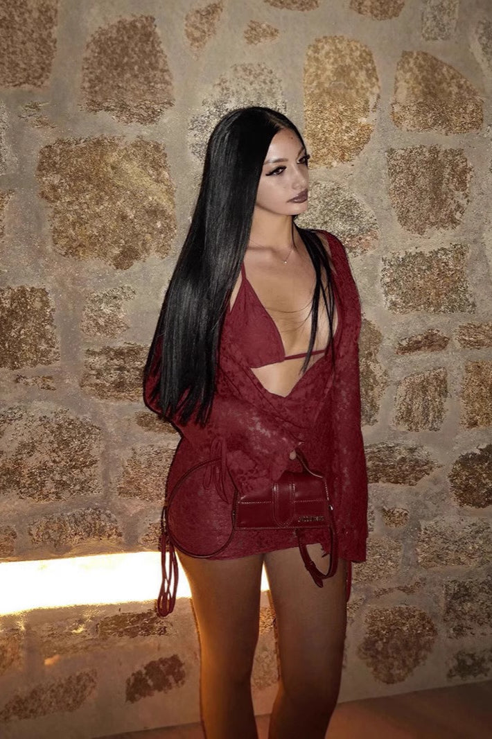Solid Tie Lace Long Sleeve Skirt Two Piece Set