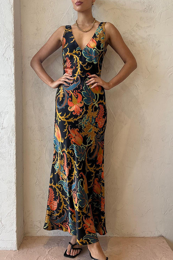 Satin Botanical Print V-Neck Sleeveless Bias Cut Maxi Dress