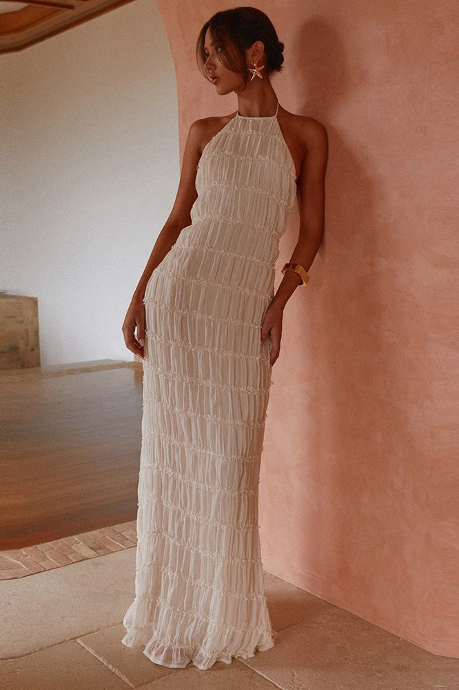 Backless Edition Ruched Striped Tie Ruffled Maxi Boho Dress