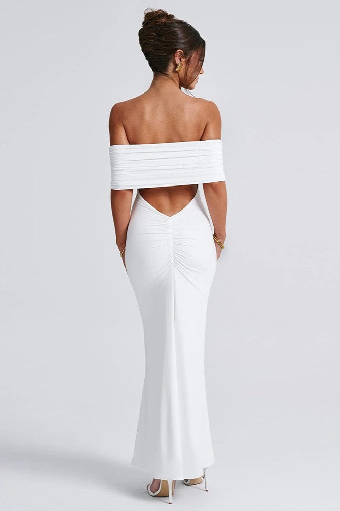 Off Shoulder Ruched Bodycon Maxi Dress