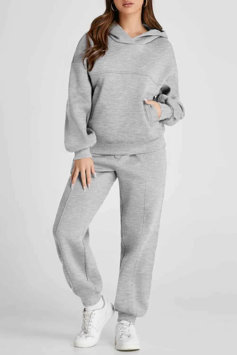 Dropped Shoulder Hoodie and Seam Front Jogger Pants Two Piece Set