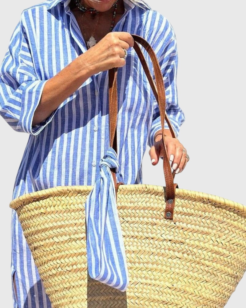 Striped Button Front Long Sleeve Side Split Shirt Dress