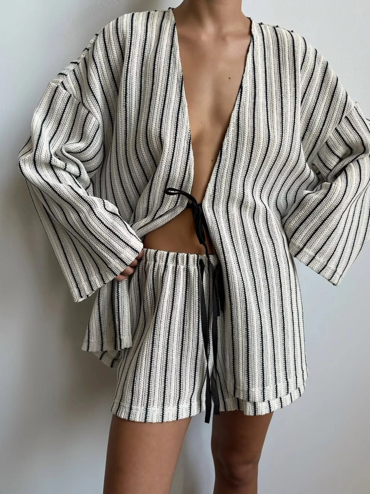 Striped Tie Front Wide Sleeve Top and Drawstring Shorts Two Piece Set