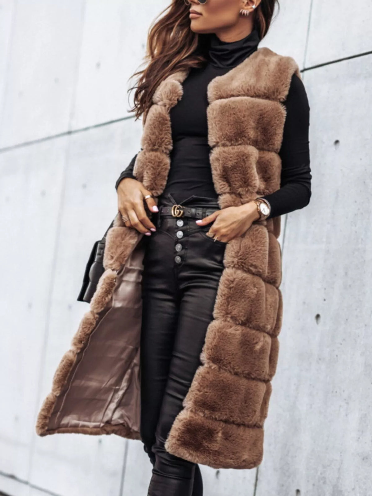 Faux Fur Sleeveless Open Front Longline Vest Coat