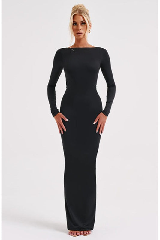Long Sleeve Open Back Ruched Bodycon Mermaid Maxi Dress