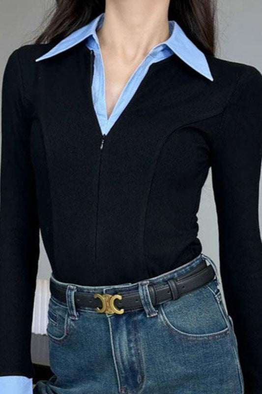 Collared Zip Front Faux Two Piece Contrast Cuff Long Sleeve Top 3