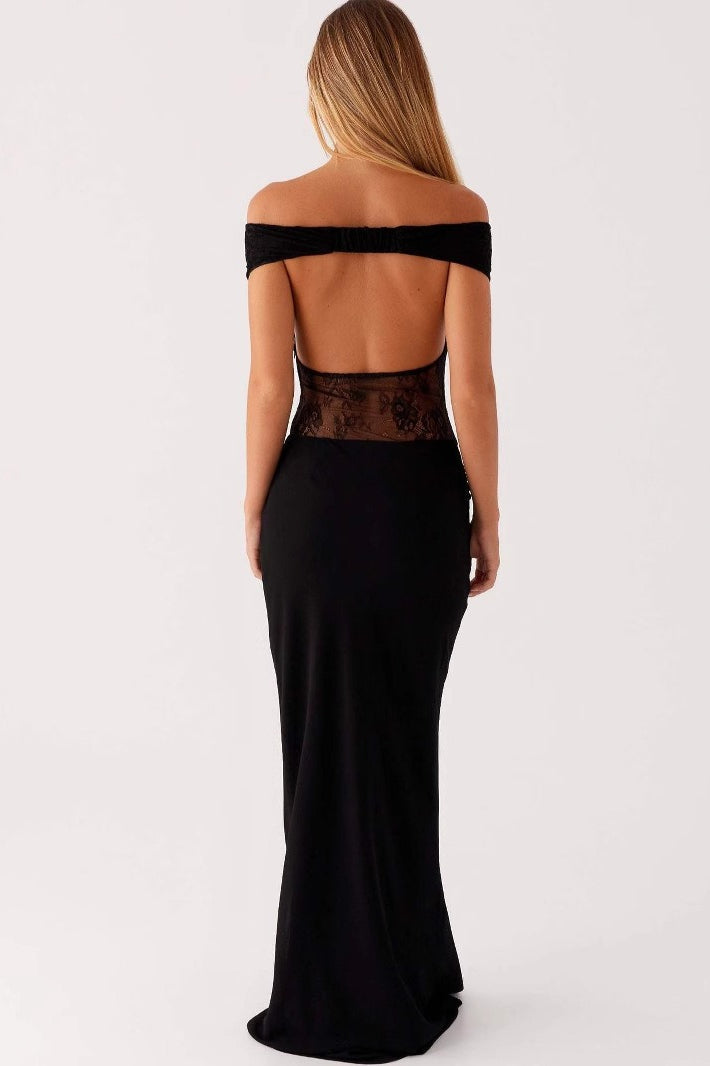 Off Shoulder Sheer Lace Bodice V-Neck Column Maxi Dress 3