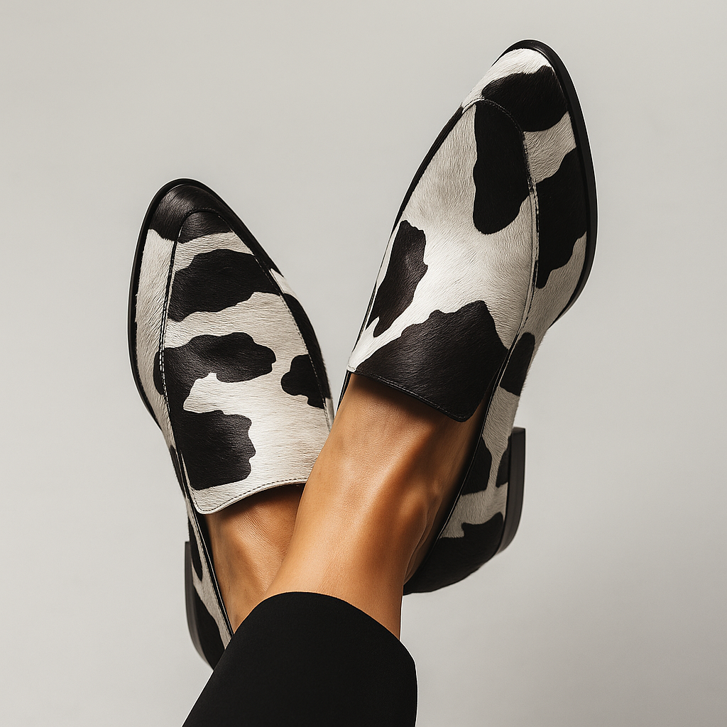 Cow Print Pointed Toe Flat Loafers