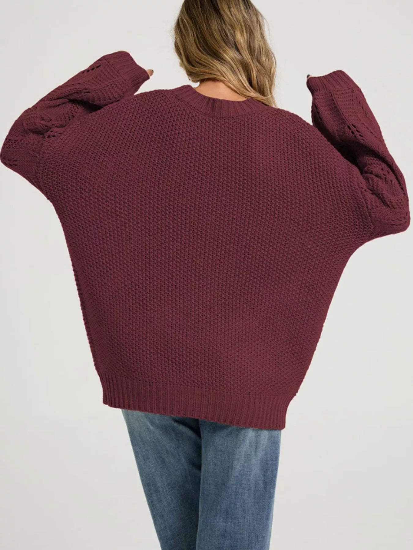 Textured Knit Openwork Dropped Shoulder Sweater