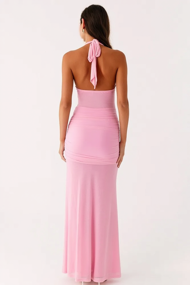 Deep V Halter Backless Sash Bodycon Party Dress