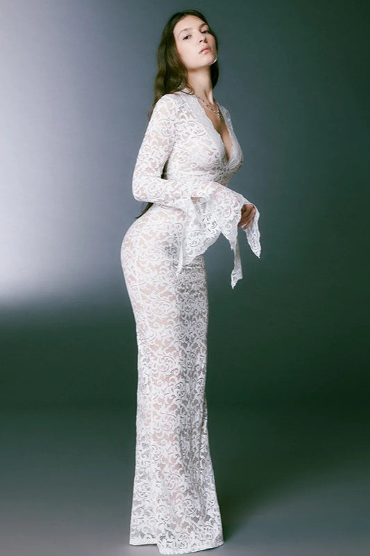 Sheer Lace Deep V-Neck Flared Sleeve Maxi Lace Dress