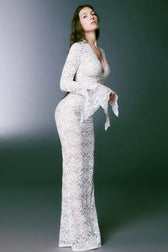 Sheer Lace Deep V-Neck Flared Sleeve Maxi Lace Dress