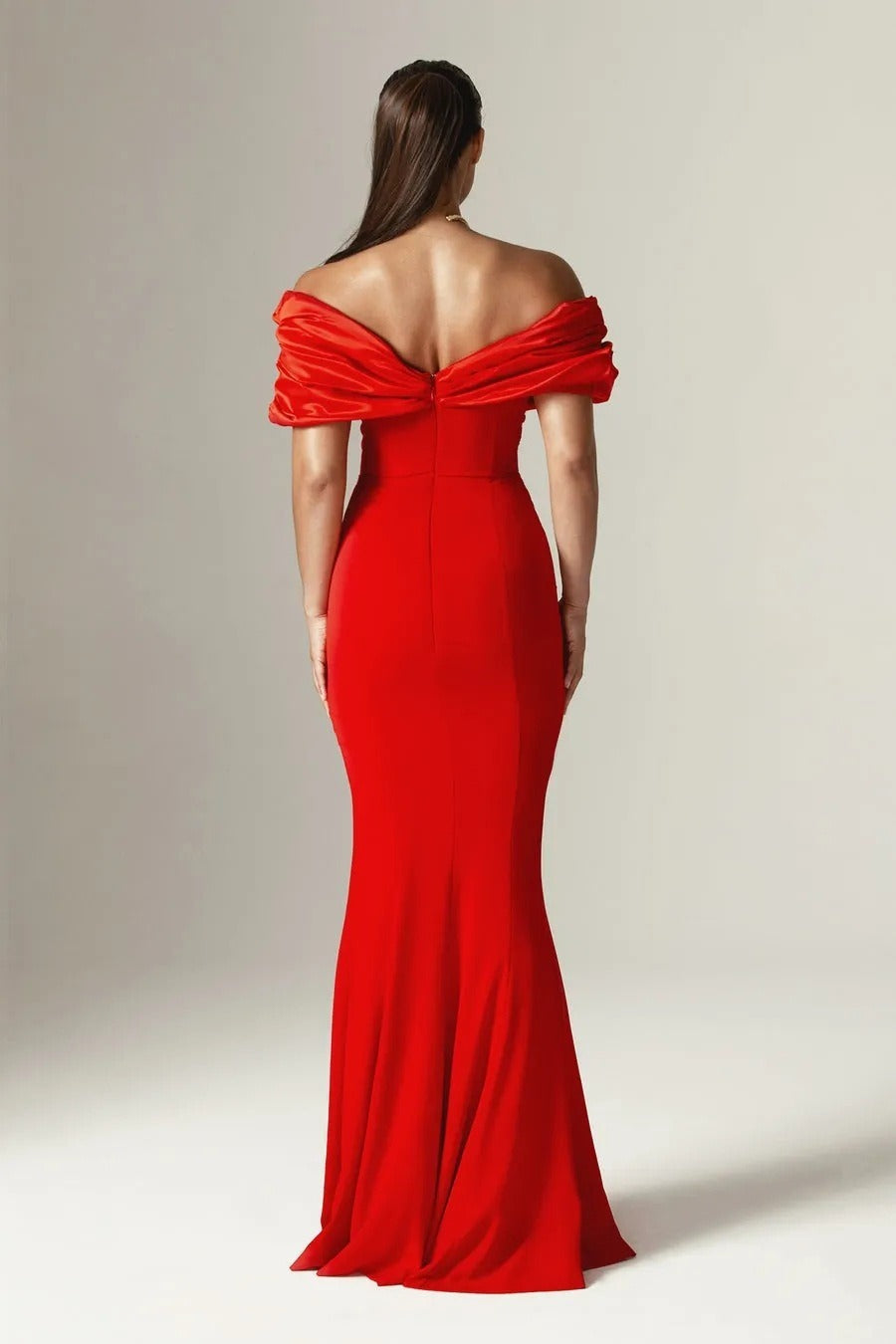 Satin Off Shoulder Ruched High Split Mermaid Gown