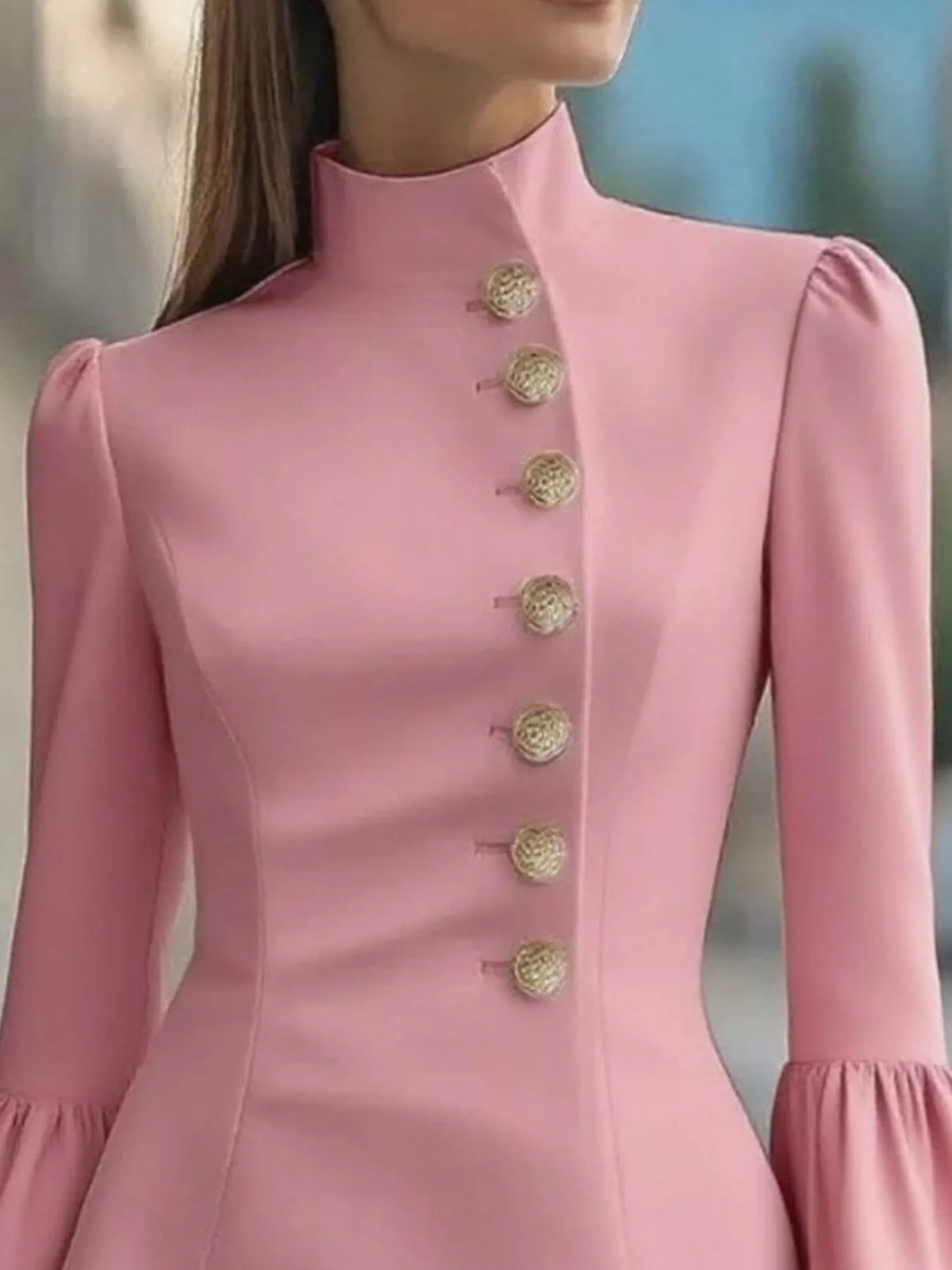 Velvet Mock Neck Bell Sleeve Button Front Mini Dress 5