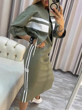 Striped Zip Up Jacket and Midi Skirt Two Piece Set 5
