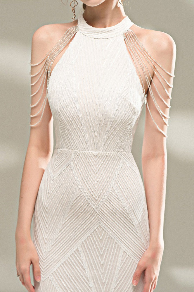 Sequin Halter Neck Fringe Trim Mermaid Maxi Gown