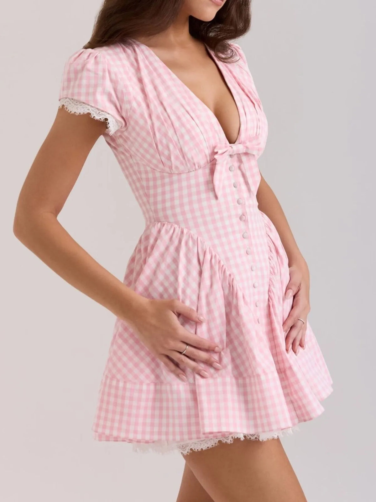Gingham V-Neck Puff Sleeve Bow Button Front Lace Trim Mini Dress 4