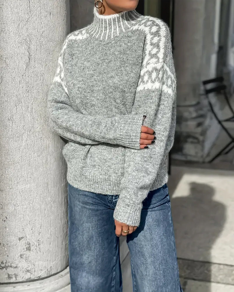 Fair Isle Yoke Mock Neck Oversized Sweater
