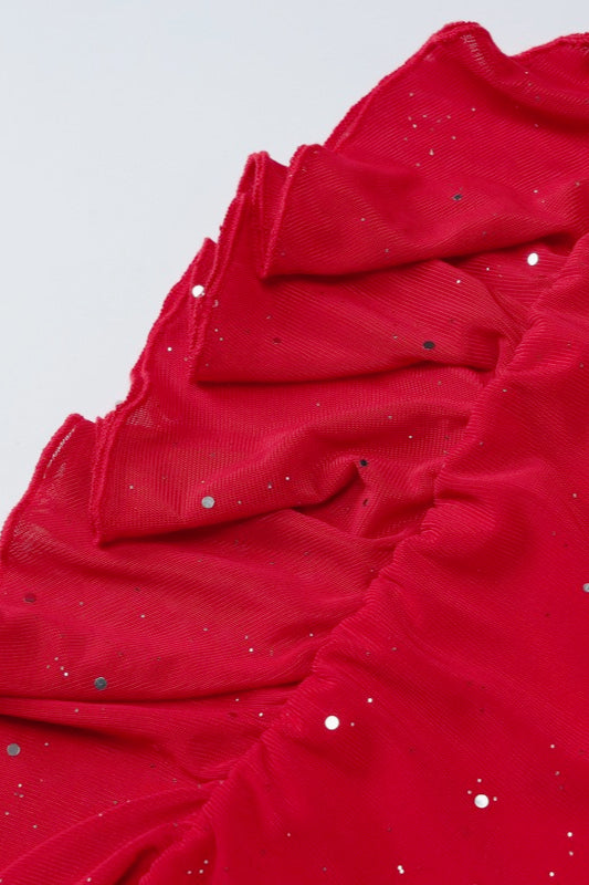 Glitter Spaghetti Strap Ruffle Hem Bodycon Mini Dress