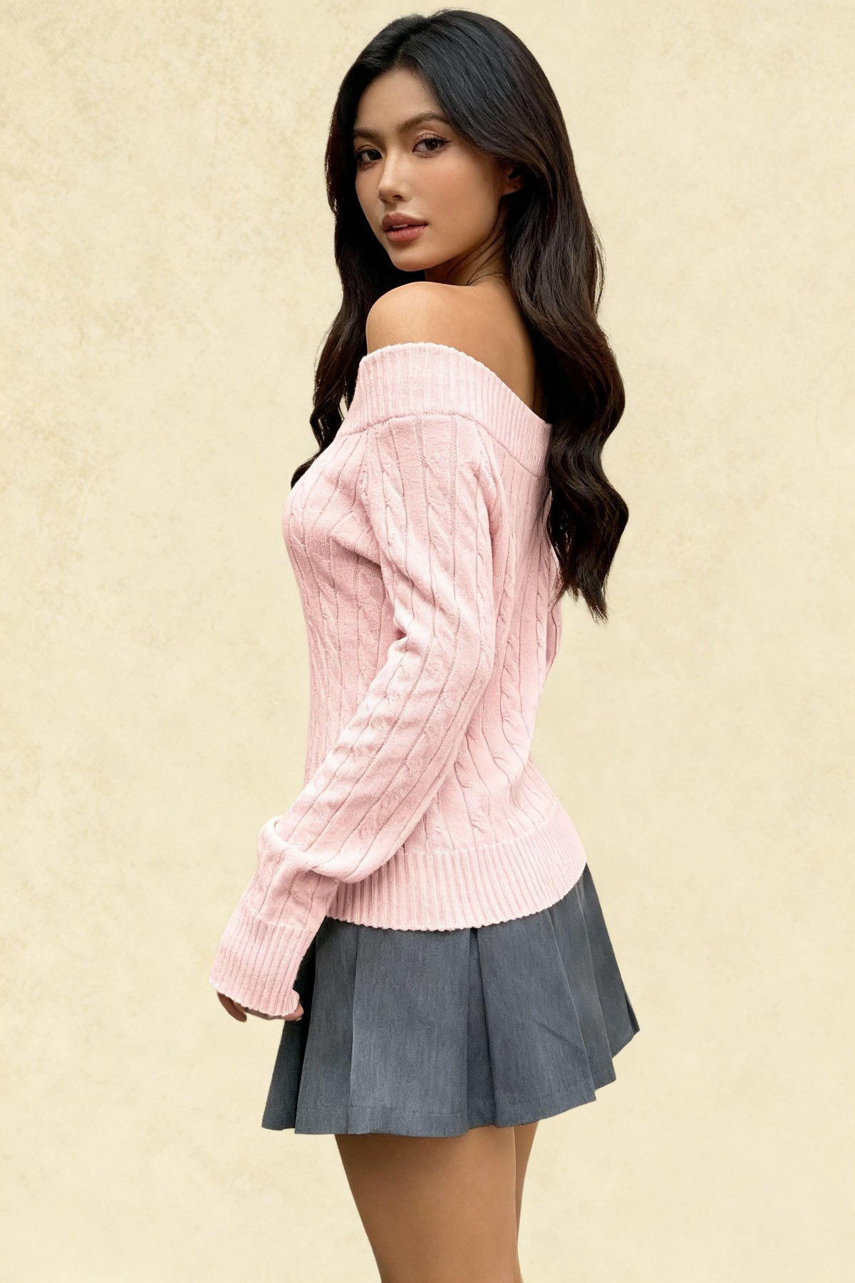 Off Shoulder Long Sleeve Cable Knit Sweater 3