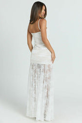 Sheer Ruched Split Cami Maxi Lace Dress 8