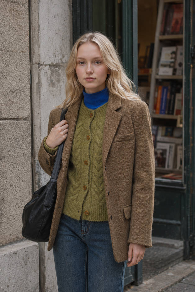 Notched Lapel Single Breasted Tweed Look Relaxed Blazer 5