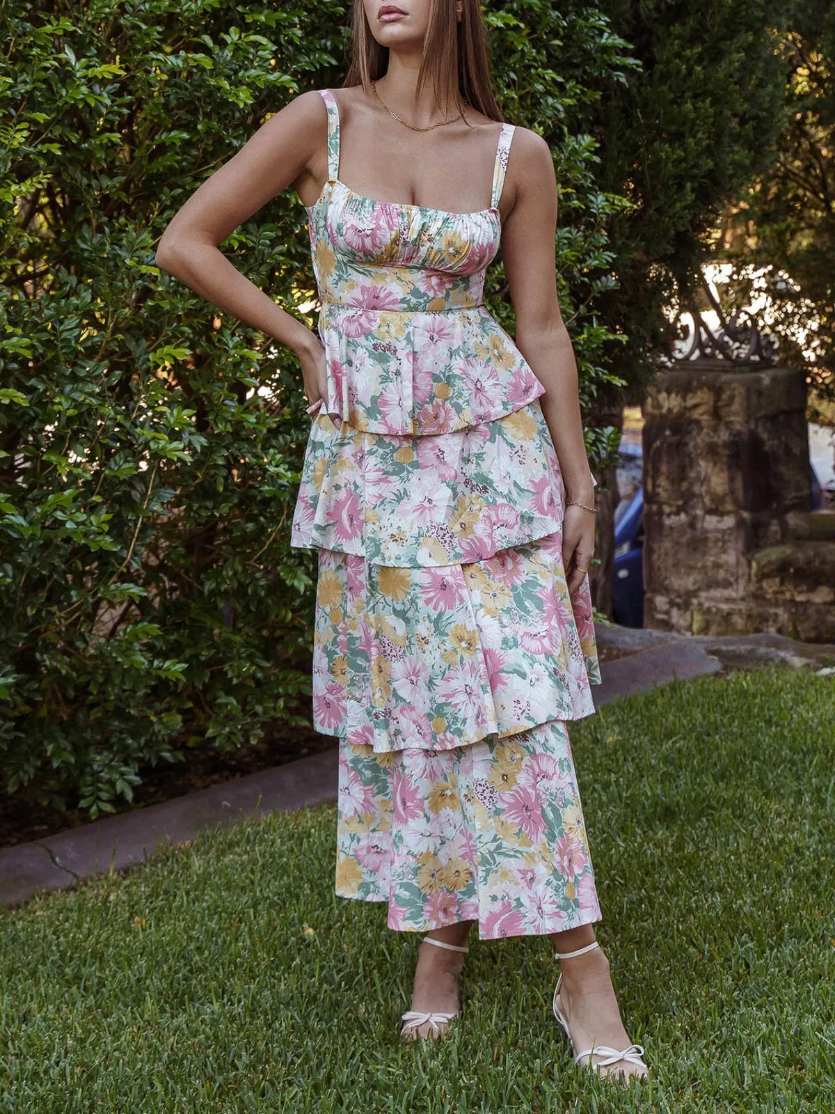 Floral Print Square Neck Cami Tiered Ruffle Maxi Dress 3