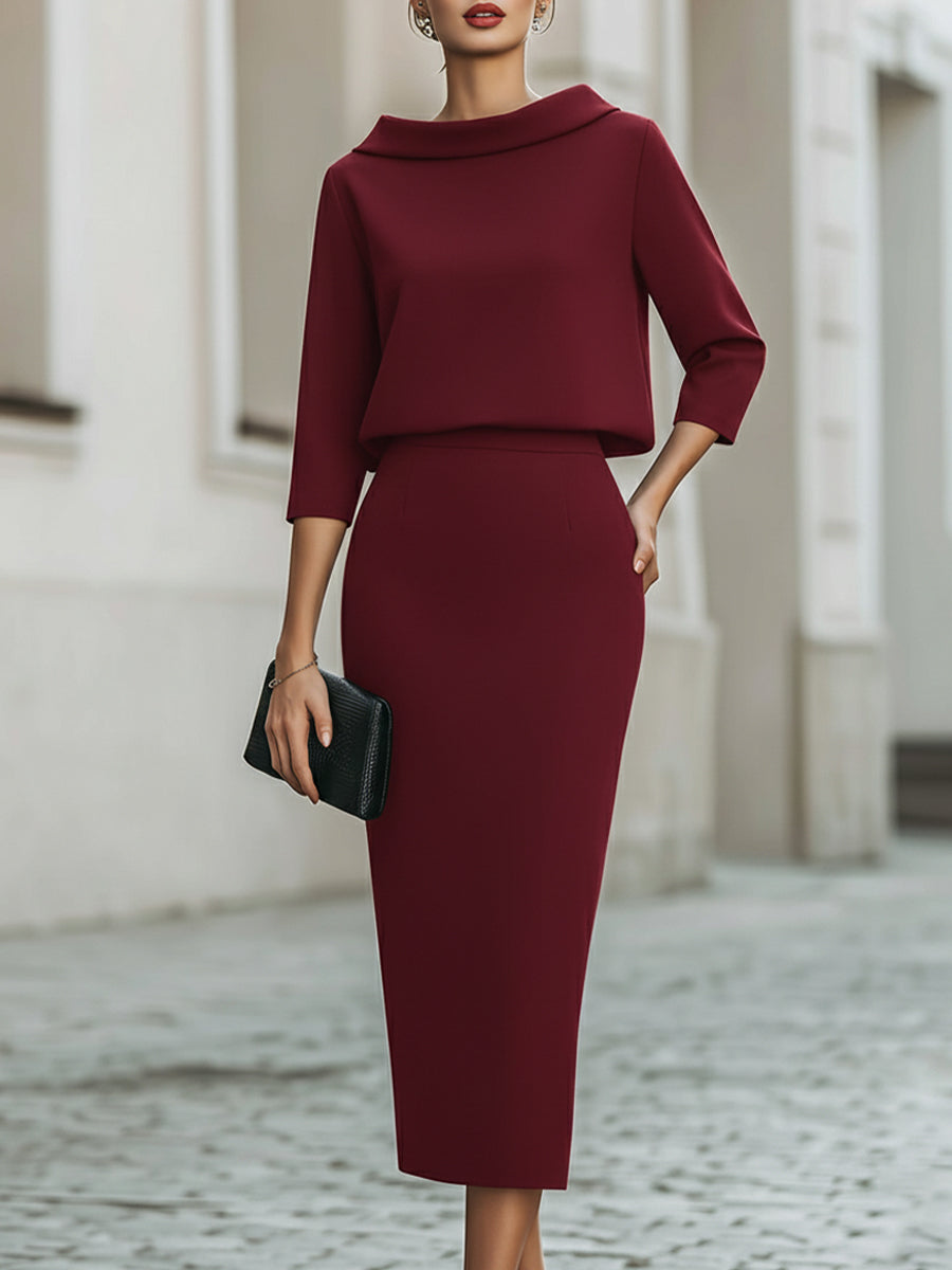 Cowl Neck Top and Straight Midi Skirt Two Piece Set